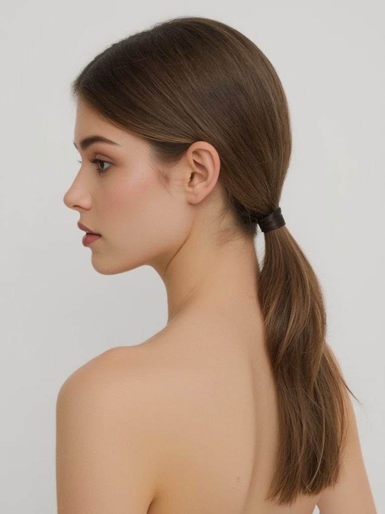 Sleek Low Ponytail with a Center Part for Shoulder Length Hair Thin Fine