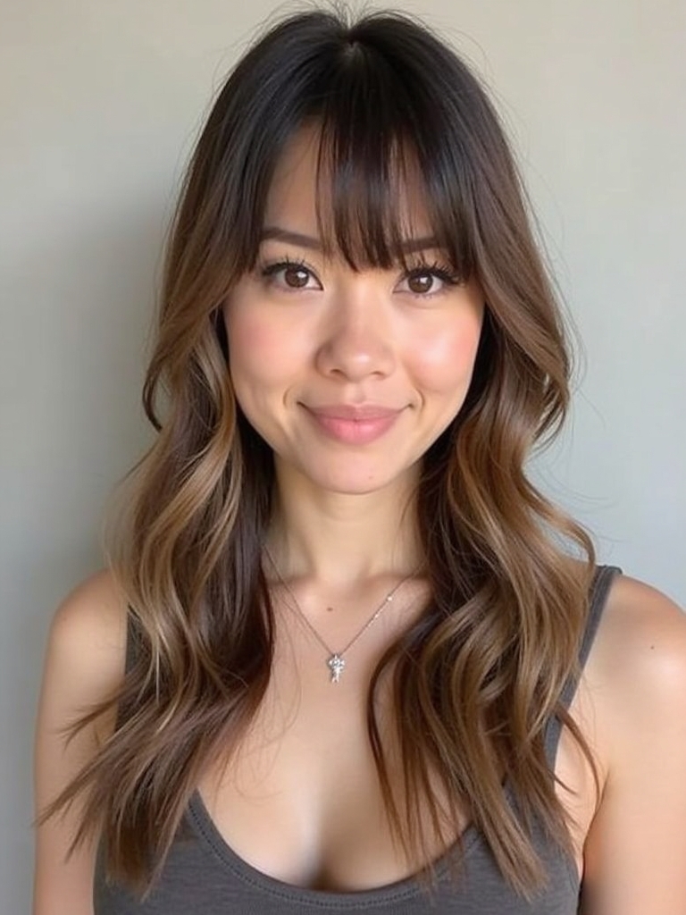 Balayage Hair with Face Framing Curtain Bangs