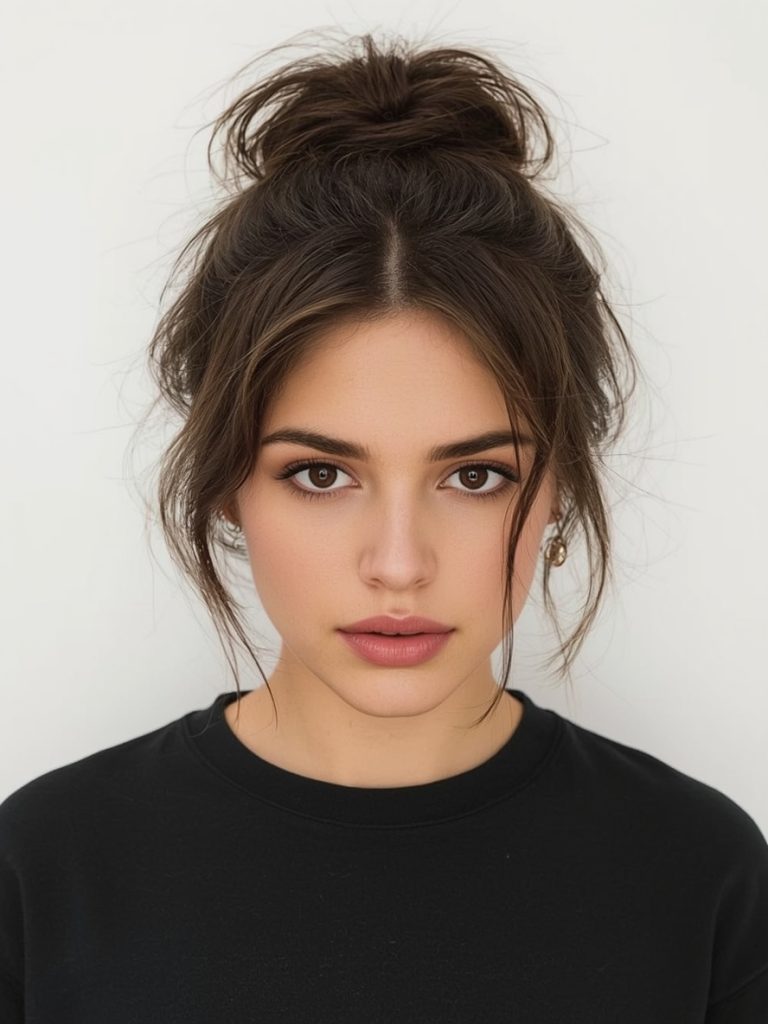 Brunette Summer Hair 2025: Classic Brunette Updo with Tendrils