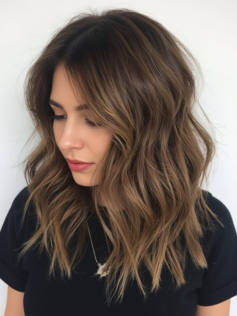 Brunette Summer Hair 2025: Side Swept Brunette Bangs