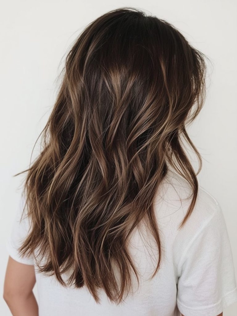 Brunette Summer Hair 2025: Long Brunette Layers with Curtain Bangs