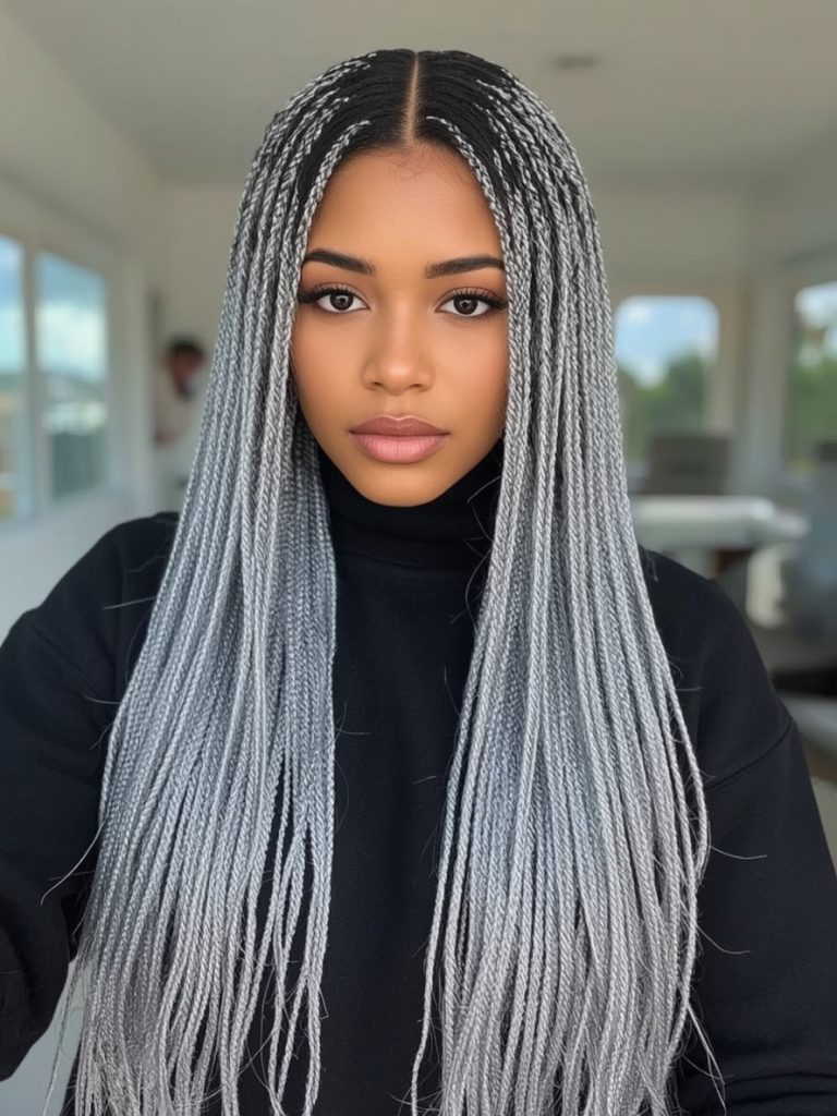 Long Silver Box Braids on Dark Skin