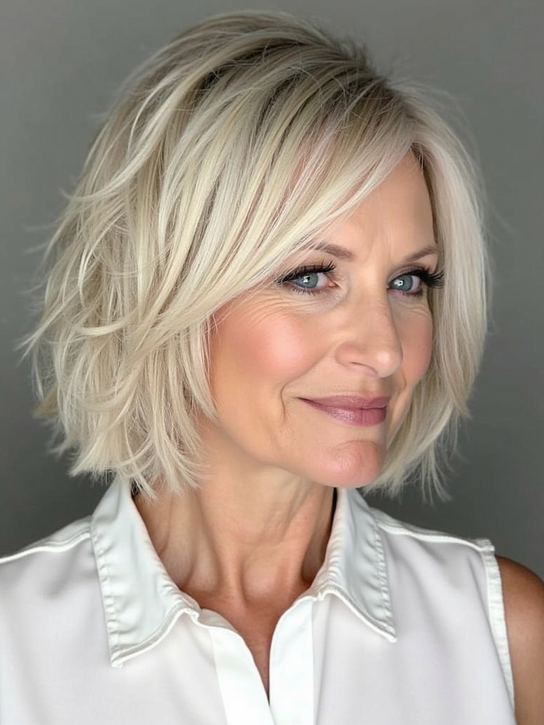 Hairstyles For Thin Hair Fine Over 50: Tousled Lob with Highlights